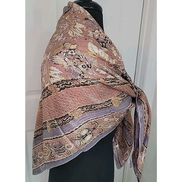 Vintage Oscar de la Renta Silk Scarf – Brown & Blue Floral 43x43 Luxury - Picture 3 of 5